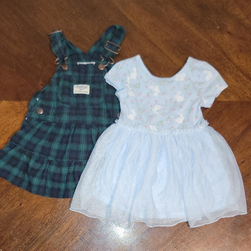 OshKosh B'gosh Green Plaid Overall Dress And Cat&Jack Light Blue Dress 18m Girl